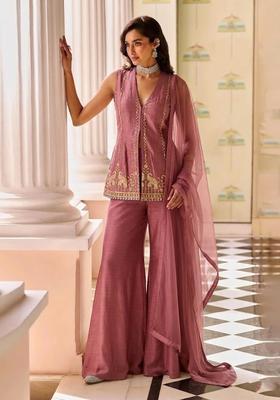 Dusty Pink Embroidered Cosmos Sharara Set