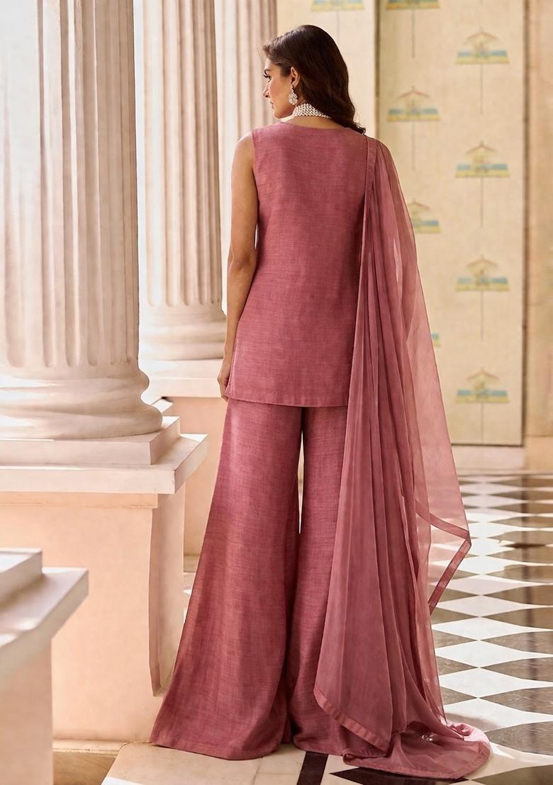 Dusty Pink Embroidered Cosmos Sharara Set - Indya