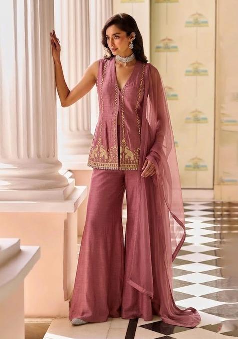 Dusty Pink Embroidered Cosmos Sharara Set
