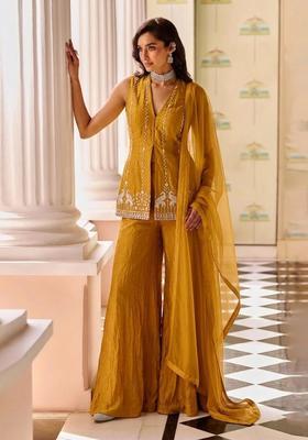 Mustard Embroidered Cosmos Sharara Set