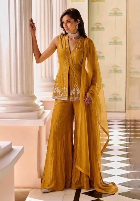 Mustard Embroidered Cosmos Sharara Set