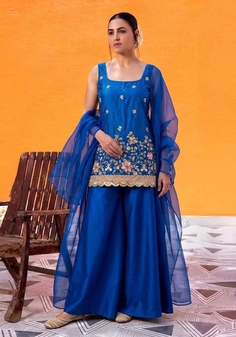 Sapphire Blue Embroidered Crepe Sharara Set