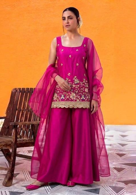 Magenta Embroidered Crepe Sharara Set