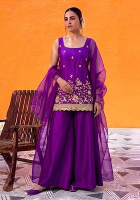 Purple Embroidered Crepe Sharara Set