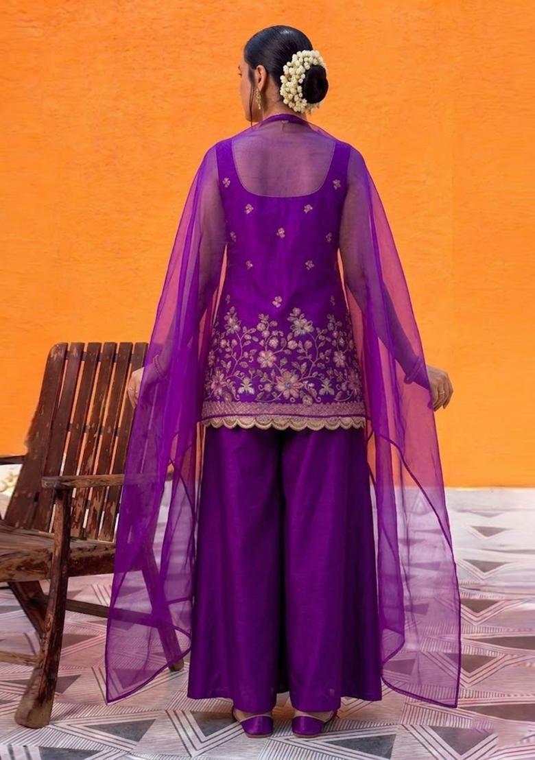 Purple Embroidered Crepe Sharara Set - Indya