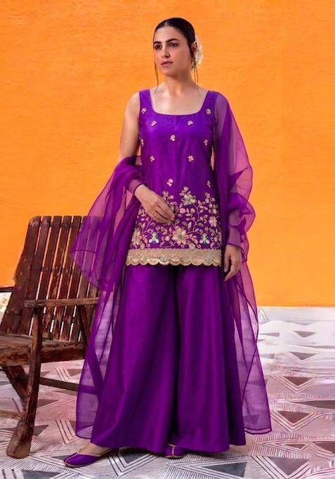 Purple Embroidered Crepe Sharara Set