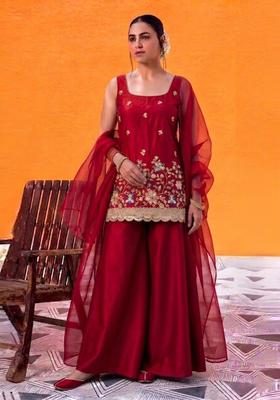 Crimson Red Embroidered Crepe Sharara Set