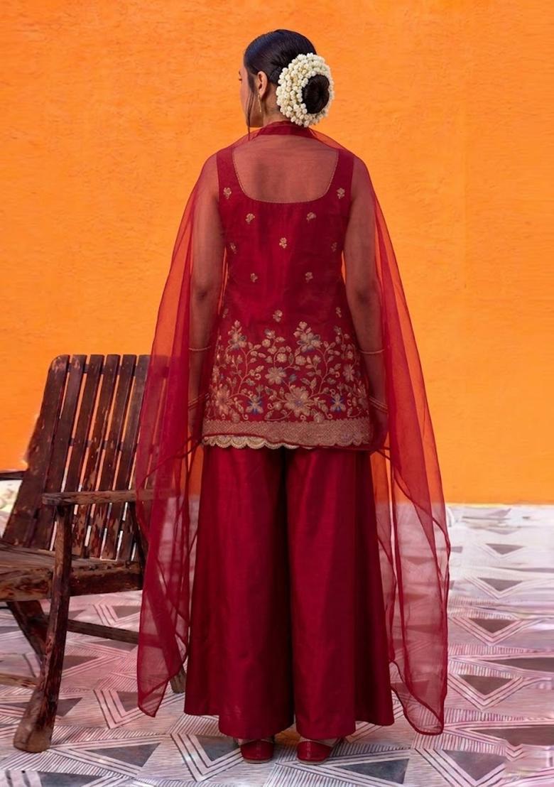 Crimson Red Embroidered Crepe Sharara Set - Indya