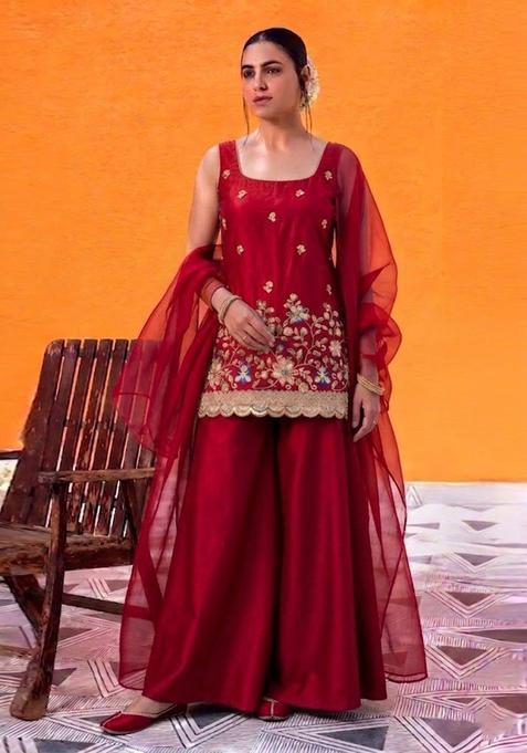 Crimson Red Embroidered Crepe Sharara Set