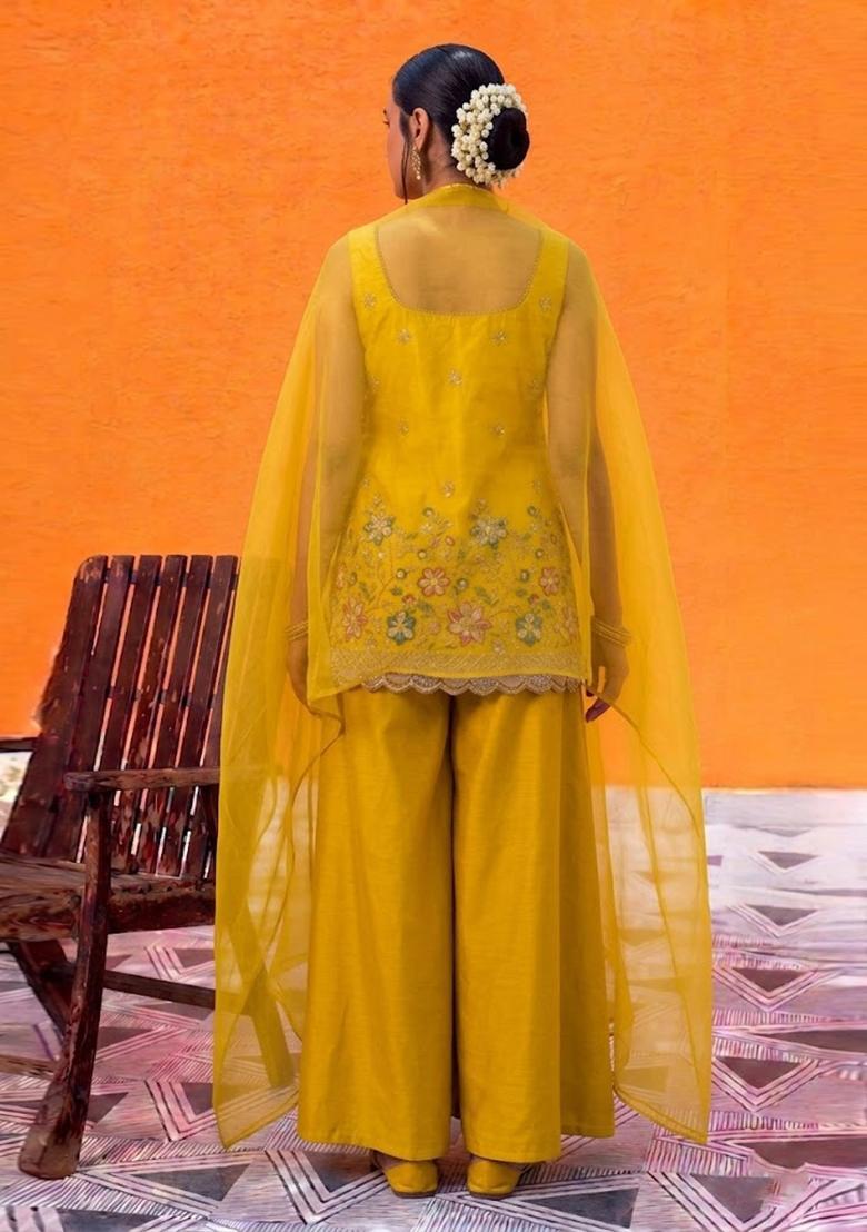 Yellow Embroidered Crepe Sharara Set - Indya