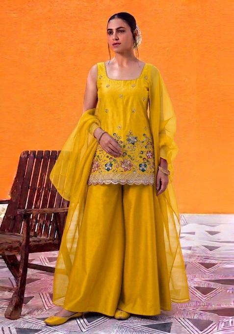 Yellow Embroidered Crepe Sharara Set
