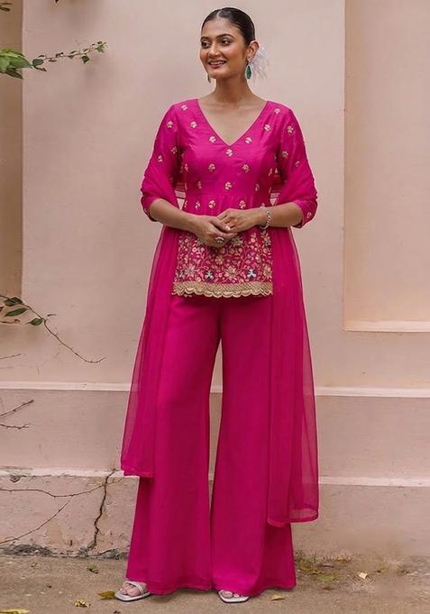 Rani Pink Embroidered Crepe Sharara Set