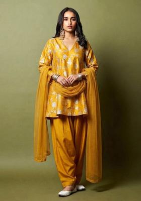 Mustard Yellow Brocade Kurta Set