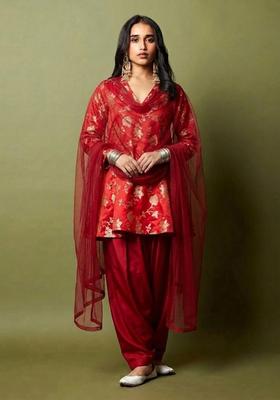 Red Brocade Kurta Set