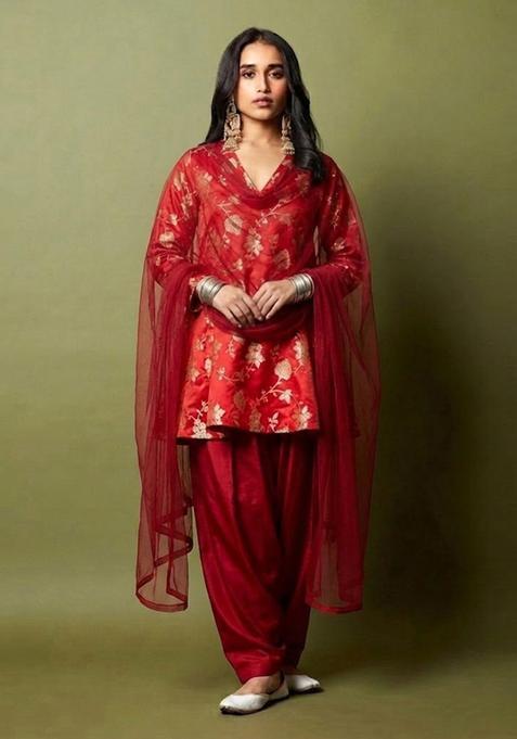 Red Brocade Kurta Set