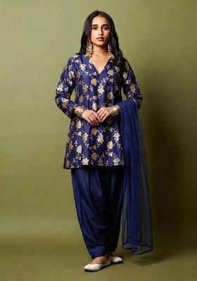 Navy Blue Brocade Kurta Set