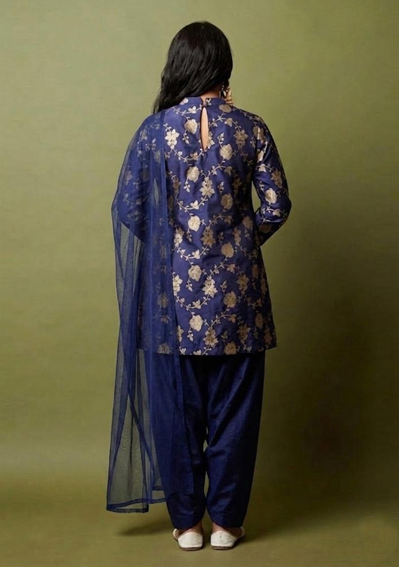 Navy Blue Brocade Kurta Set - Indya
