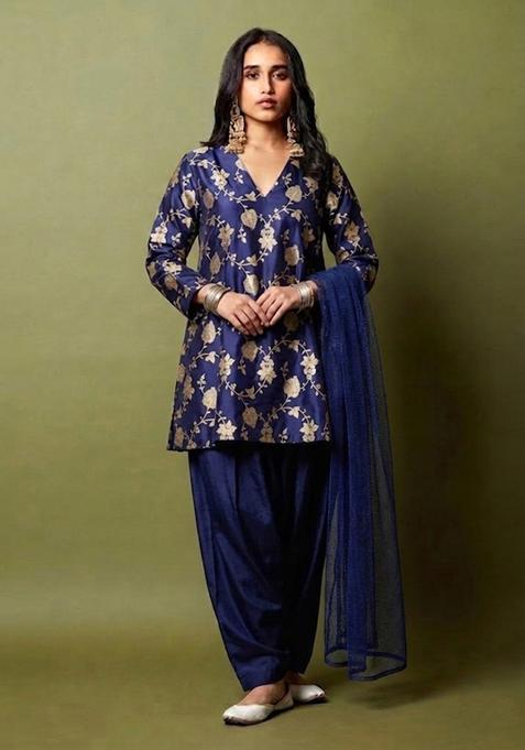 Navy Blue Brocade Kurta Set
