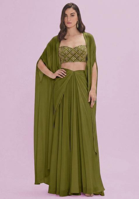Olive Green Embroidered Crepe Fusion Set
