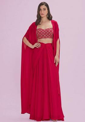 Crimson Red Embroidered Crepe Fusion Set
