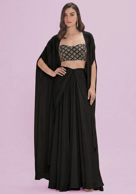 Black Embroidered Crepe Fusion Set