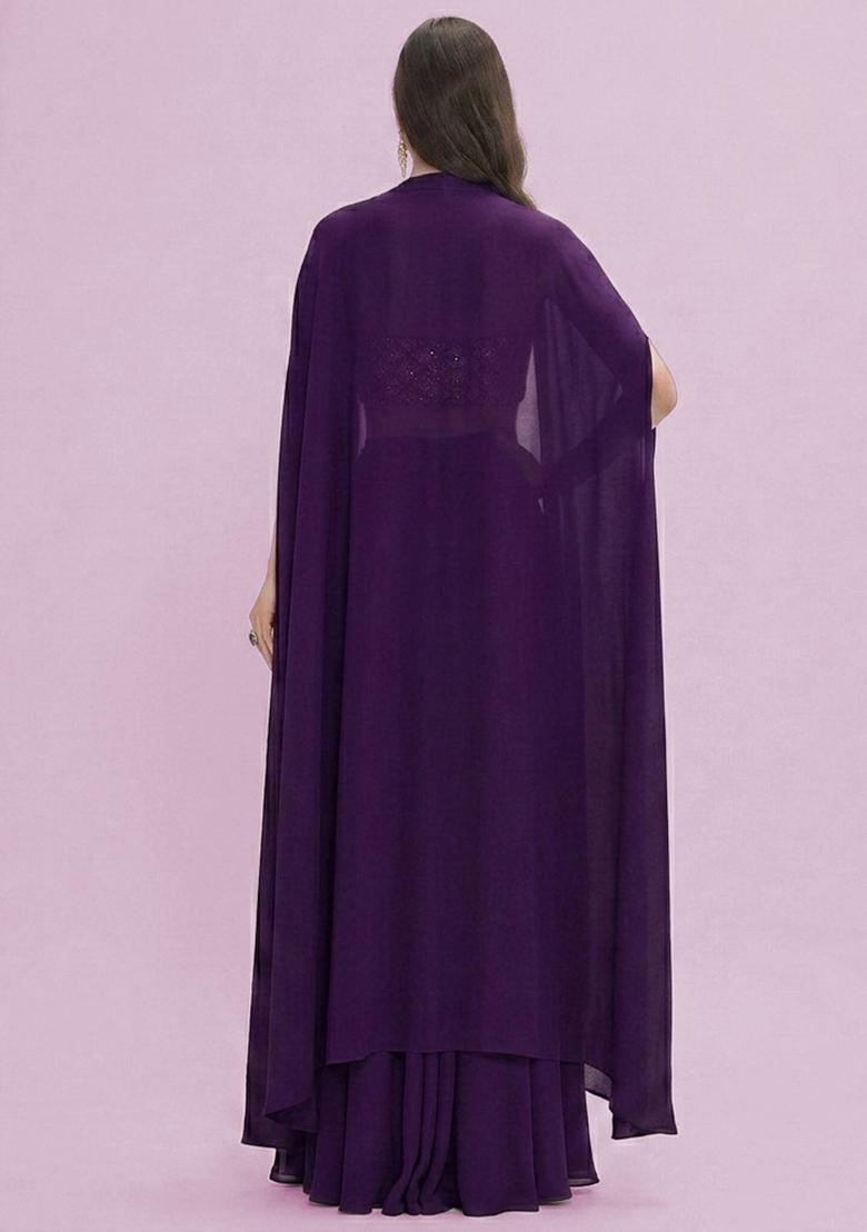 Purple Embroidered Crepe Fusion Set - Indya