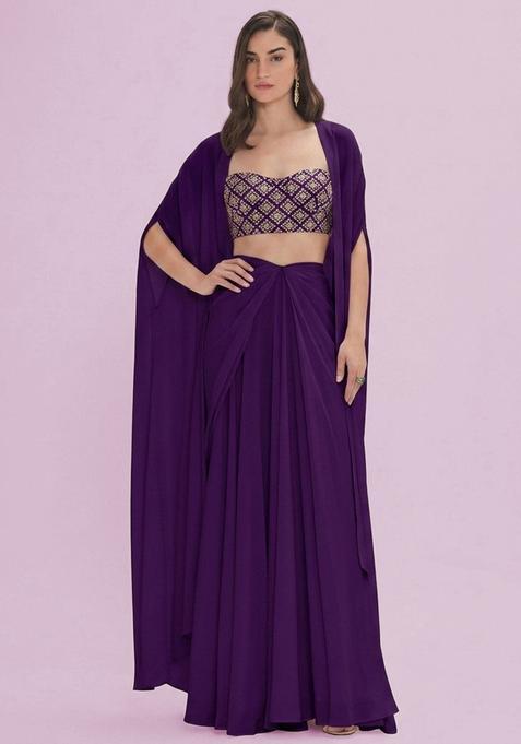 Purple Embroidered Crepe Fusion Set