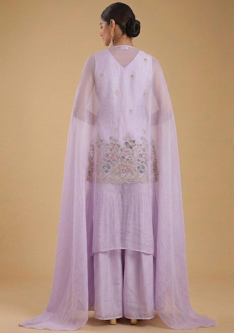 Soft Lavender Embroidered Crepe Sharara Set - Indya