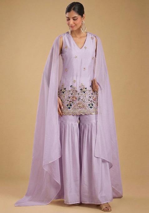 Soft Lavender Embroidered Crepe Sharara Set