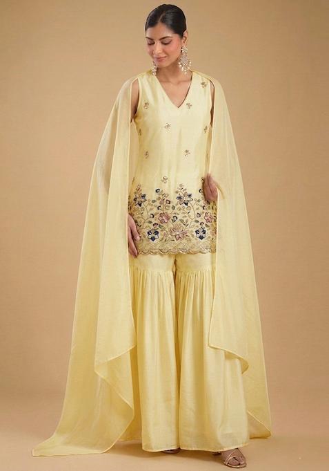 Pastel Yellow Embroidered Crepe Sharara Set