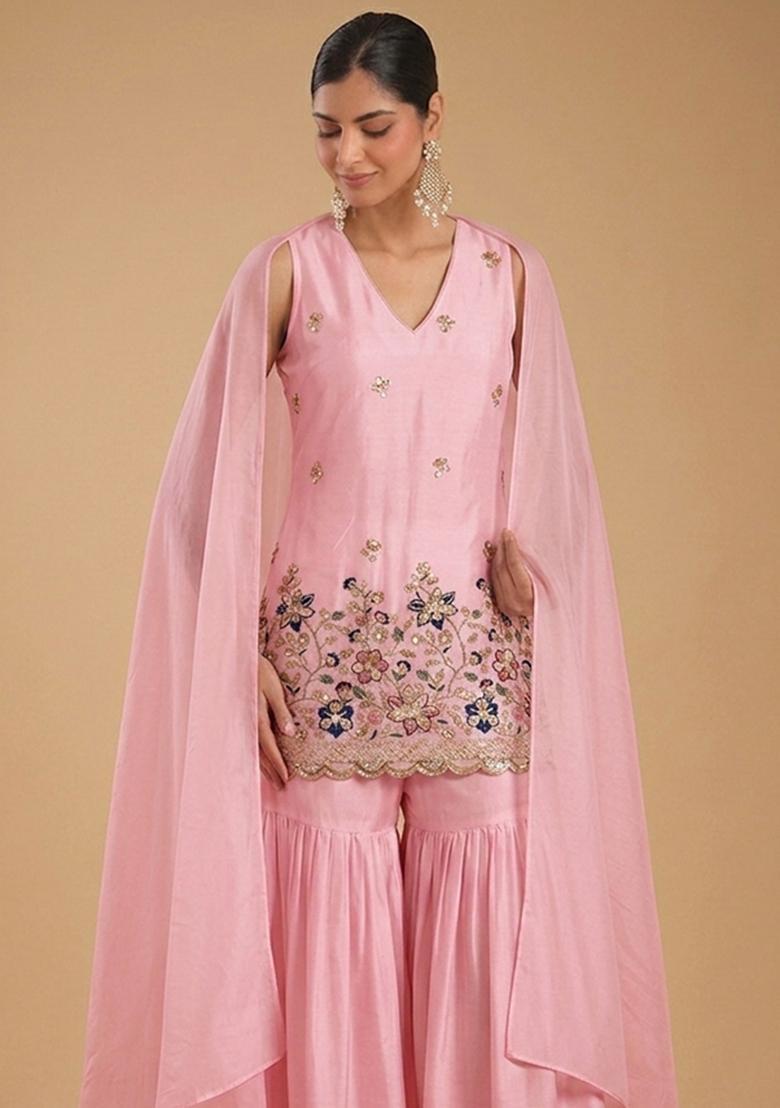 Pink Embroidered Crepe Sharara Set - Indya