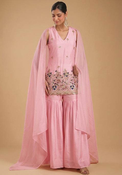 Pink Embroidered Crepe Sharara Set