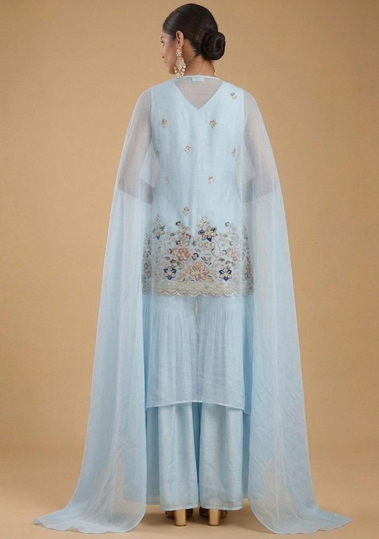 Powder Blue Embroidered Crepe Sharara Set - Indya