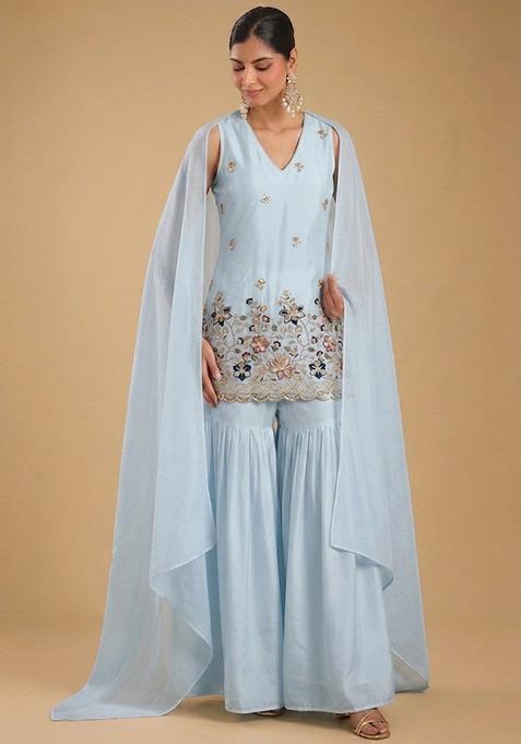 Powder Blue Embroidered Crepe Sharara Set