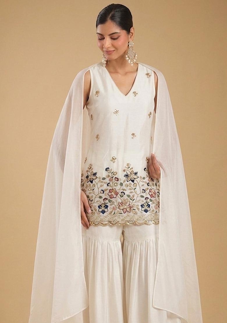 White Embroidered Crepe Sharara Set - Indya