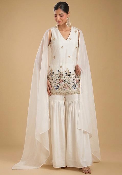 White Embroidered Crepe Sharara Set