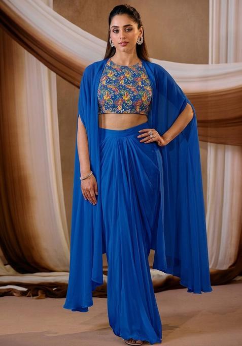 Cobalt Blue Printed Crepe Fusion Set