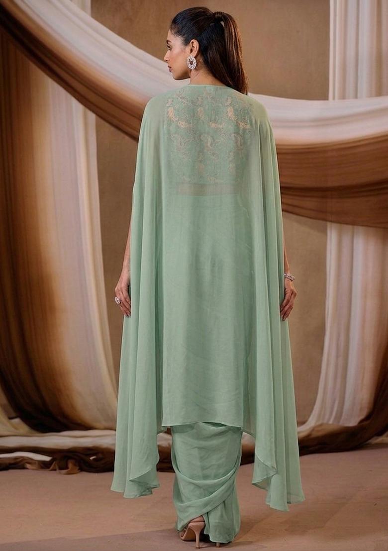 Sage Green Printed Crepe Fusion Set - Indya