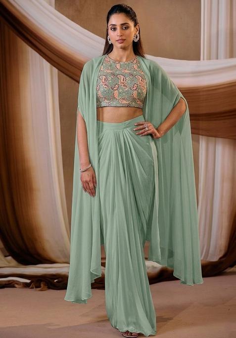 Sage Green Printed Crepe Fusion Set