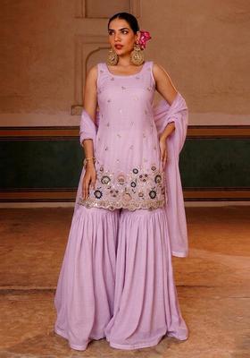 Lilac Embroidered Crepe Sharara Set
