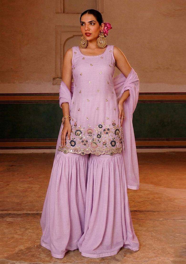 Lilac Embroidered Crepe Sharara Set - Indya
