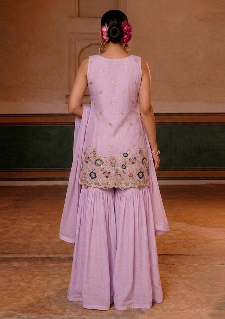 Lilac Embroidered Crepe Sharara Set - Indya