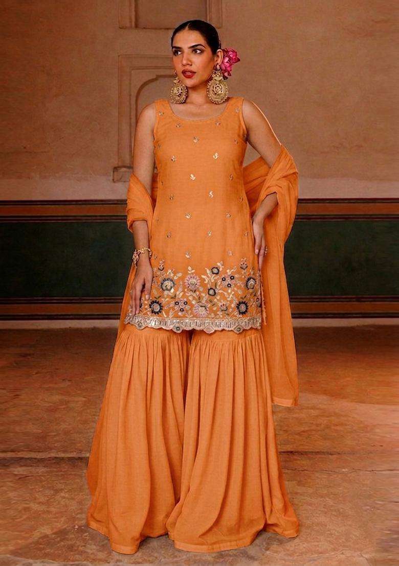 Orange Embroidered Crepe Sharara Set - Indya