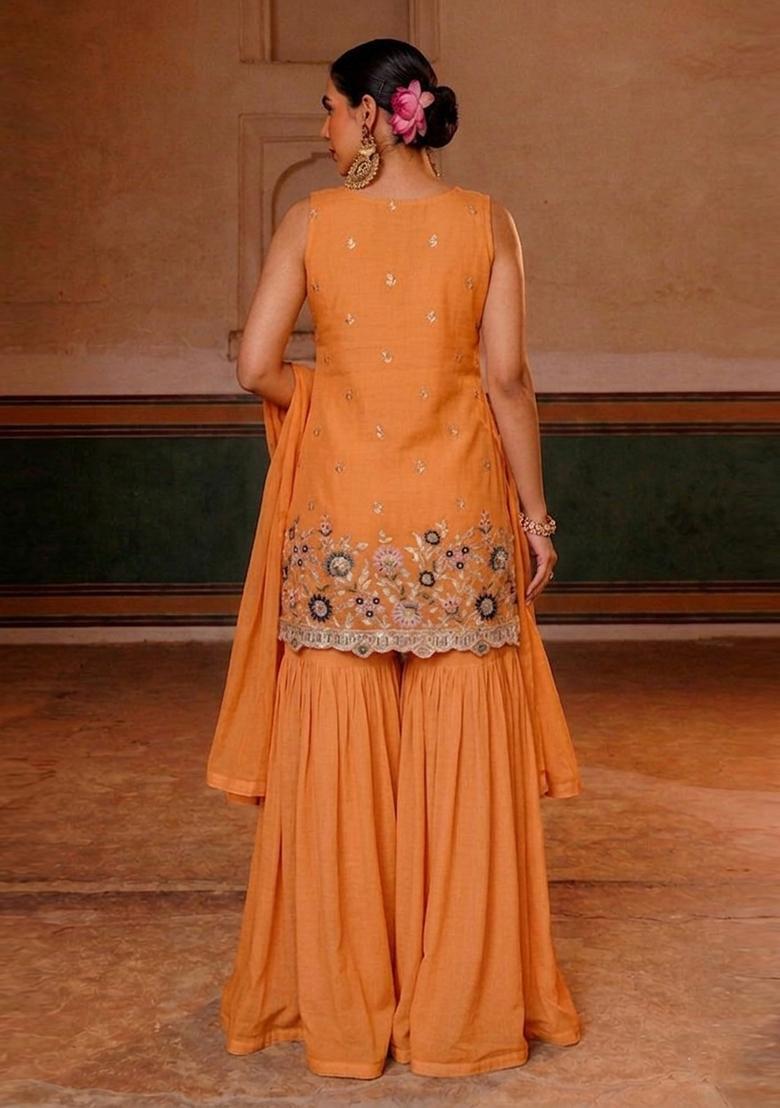 Orange Embroidered Crepe Sharara Set - Indya