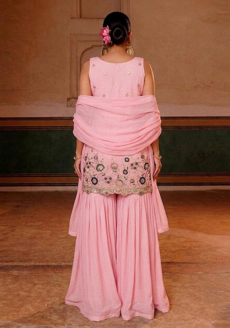 Pink Embroidered Crepe Sharara Set - Indya