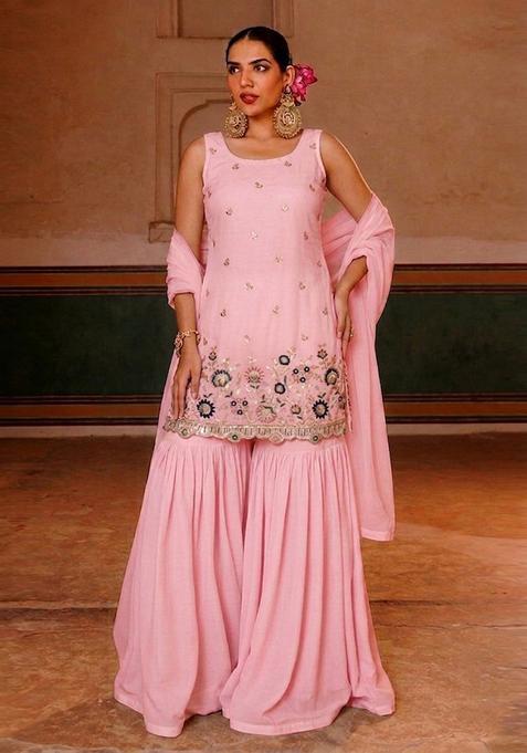 Pink Embroidered Crepe Sharara Set