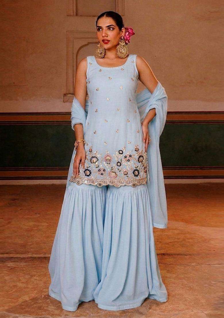 Pastel Blue Embroidered Crepe Sharara Set - Indya