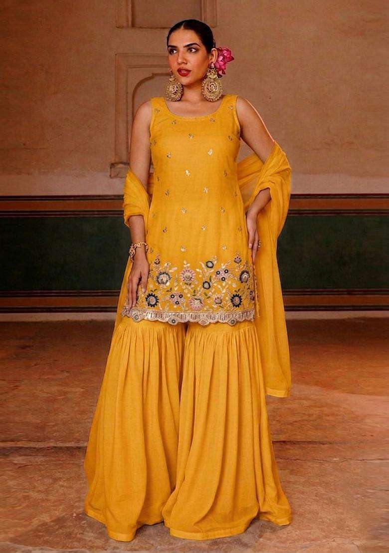 Mustard Embroidered Crepe Sharara Set - Indya