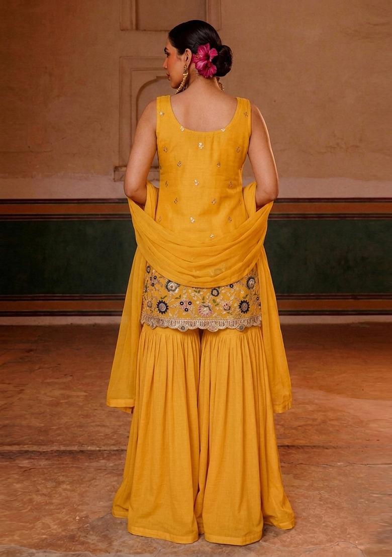 Mustard Embroidered Crepe Sharara Set - Indya