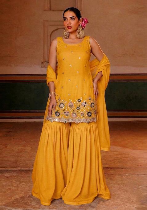 Mustard Embroidered Crepe Sharara Set